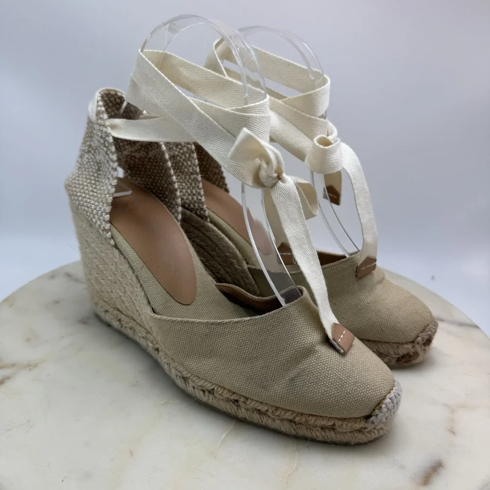 Castaner Espadrille Wedge Sandals EU 37 US 6 Beige Canvas Lace Up Ankle Platform